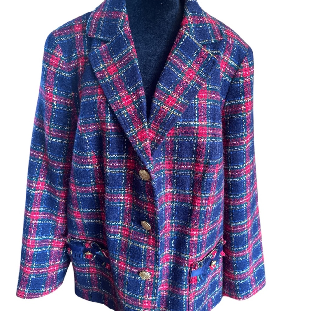 Appleseed’s Red Blue Lined Tweed Blazer Size 20 Women’s Gold Buttons